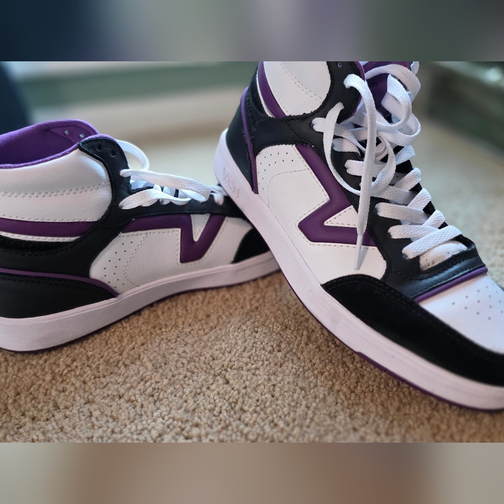 Women's High-Top Vans Sneakers in Black, White, and Purple